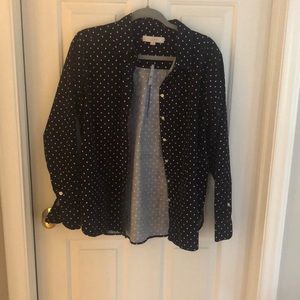 Loft polka dotted corduroy everyday button down shirt in deep space blue -NWT